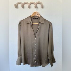 Zara Satin Button Down (Olive) - size Small